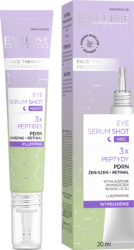 Eveline Eye Serum Shot Night, fioletowo-zielona tubka z pompką i kartonik. Serum na zmarszczki z peptydami.