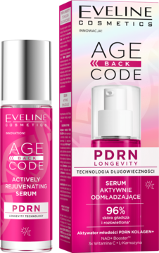 Różowe serum Eveline Age Back Code PDRN, Aktywnie Odmładzające, w butelce z pompką obok opakowania.