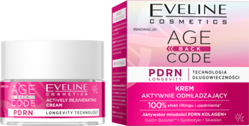 Eveline AGE CODE PDRN Krem Aktywnie Odmładzający, biały słoiczek z różowym brandingiem i pudełko, przód.