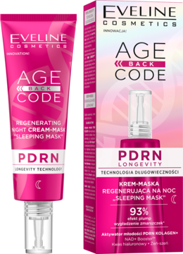 Eveline Age Back Code PDRN krem-maska regenerująca na noc, różowe opakowanie i tubka z aplikatorem.