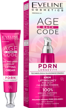Eveline AGE BACK CODE PDRN liftingujący krem pod oczy i na powieki, różowa tubka z aplikatorem, obok pudełko.
