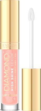 Eveline Diamond High Shine Serum Lip Gloss, brokatowy róż, złotym wieczkiem, otwarty z aplikatorem obok, jasne tło.