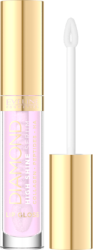 Eveline Diamond High Shine błyszczyk-serum do ust, otwarta tubka z aplikatorem. Różowy kolor, złota nakrętka.