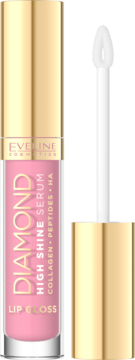 Otwarty Eveline Diamond High Shine Serum Lip Gloss, jasnoróżowy, z aplikatorem w płynie, butelka ze złotą zakrętką. Kolagen, peptydy, HA.