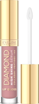Różowy błyszczyk Eveline Diamond High Shine Serum Lip Gloss, otwarty, ze złotym korkiem i aplikatorem obok.