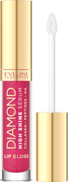 Eveline Diamond High Shine Serum Lip Gloss różowy, z wyciągniętym aplikatorem, złota nakrętka, widok z przodu.