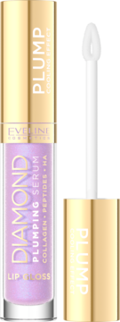 Eveline Diamond Plumping Serum Lip Gloss shimmering lavender, otwarte, ze złotą nakrętką i białym aplikatorem.