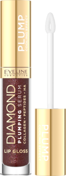 Eveline Diamond Plumping Serum błyszczyk brązowy z brokatem, otwarty aplikator, chłodzący efekt.