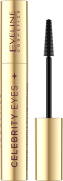 Złoty tusz Eveline Celebrity Eyes, otwarty, z czarną stożkową szczoteczką, tekst 'Extreme Length & Volume'.