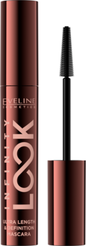 Eveline INFINITY LOOK Mascara: rose-gold metallic tube, open with black tapered silicone brush. Ultra length & definition.