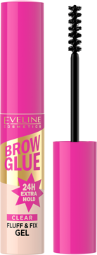 Eveline Brow Glue, przezroczysty żel w różowo-beżowej tubce z wyciągniętą czarną szczoteczką, 24H.