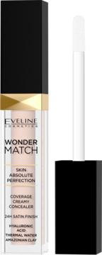 Eveline Wonder Match korektor w przezroczystej tubce z czarno-złotą zakrętką, obok biały aplikator.