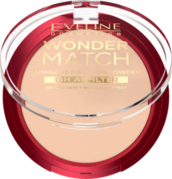 Okrągły puder Eveline Wonder Match Luminous Finishing Powder 16H AI Filter w czerwonej oprawce, widok z góry.