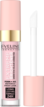 Eveline Extreme Brightener, różowy korektor pod oczy z HA w tubce z aplikatorem, widok z przodu.