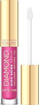 Eveline Diamond High Shine Serum Lip Gloss w różowym błyszczącym odcieniu, z odkręconą złotą nakrętką i aplikatorem.