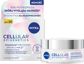 NIVEA CELLULAR EPIGENETICS Krem na dzień SPF 30. Widok białego pudełka i srebrnego słoiczka na fioletowym tle.