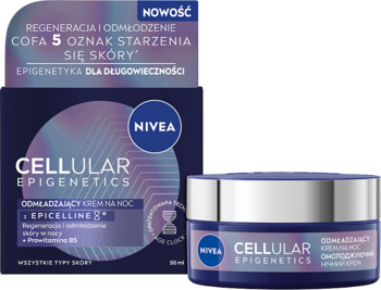 NIVEA CELLULAR EPIGENETICS krem na noc, ciemnoniebieski słoiczek i pudełko, redukujący 5 oznak starzenia, widok z przodu.