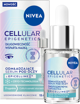 NIVEA CELLULAR EPIGENETICS serum pod oczy z Cryo-Technologią, butelka i biało-niebieskie pudełko, z przodu.