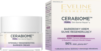 Eveline CERABIOME™ Intensywnie Regenerujący Krem Barierowy, biały słoiczek i fioletowo-białe pudełko, z przodu.