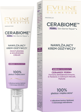 Eveline Cosmetics CERABIOME™ Nawilżający Krem Odżywczy w białej tubce z pompką i pasującym pudełkiem, widok z przodu.