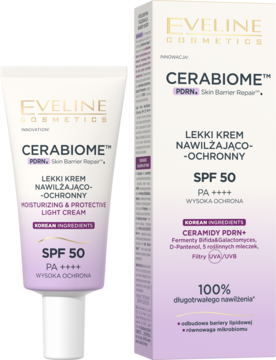 Eveline Cosmetics Cerabiome SPF 50, lekki krem nawilżająco-ochronny, biała tubka i fioletowe pudełko.