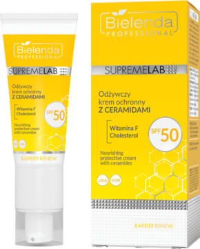 Żółty krem ochronny Bielenda Supremelab z SPF 50 i ceramidami, w pudełku obok częściowo widocznej tubki.