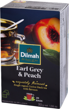 Pudełko herbaty Dilmah Earl Grey & Peach, ciemnogranatowe z grafiką brzoskwiń i filiżanki herbaty, widok z przodu.
