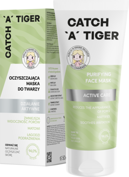Maska Catch 'A' Tiger Purifying Face Mask, zielono-biała tubka i kartonik z tygrysim wzorem, widok z przodu.