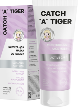 CATCH 'A' TIGER nawilżająca maska do twarzy, biała tubka z fioletowymi pasami, obok pudełko, widok z przodu.