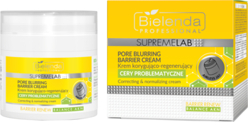 Bielenda Supremelab Pore Blurring Barrier Cream do cery problematycznej, biały słoiczek i żółte pudełko, widok z przodu.