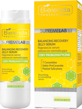 Bielenda Supremelab Balancing Recovery Jelly-Serum do cery problematycznej, biała butelka obok żółtego pudełka.