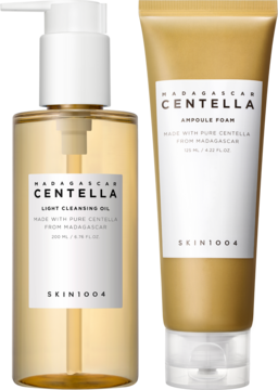 Zestaw Skin1004 Madagascar Centella: olejek w butelce z pompką i pianka w tubce, do dwuetapowego oczyszczania.
