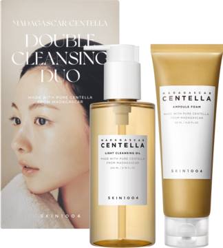 Zestaw Skin1004 Madagascar Centella Double Cleansing Duo: olejek i pianka do mycia, z kartą produktu, widok z przodu.