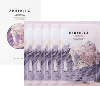 Zestaw 5 oczyszczających masek Skin1004 Centella Poremizing Clarifying Mask z górskim motywem, widok z przodu.
