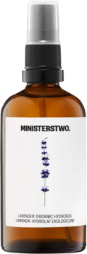 Ministerstwo organiczny hydrolat lawendowy w brązowej butelce z atomizerem, widok z przodu, biała etykieta z lawendą.