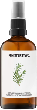 Ministerstwo Ekologiczny hydrolat rozmarynowy, brązowa butelka z atomizerem, etykieta z rozmarynem, przód.