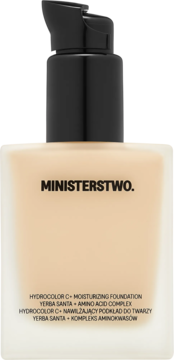 Ministerstwo Dobrego Mydła Hydrocolor C+ nawilżający podkład do twarzy w jasnobeżowej butelce z pompką, widok z przodu.