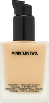 MINISTERSTWO. nawilżający podkład HYDROCOLOR C+ w beżowym, matowym flakonie z czarną pompką, widok z przodu.