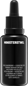 Czarne serum ujędrniające Ministerstwo. Róża-Malina do twarzy z Q10, w butelce z pipetą, widok z przodu.