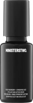 MINISTERSTWO. Rose-Raspberry Eye & Lip Active Serum w czarnej butelce z dropperem, widok z przodu.