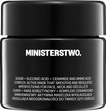 Czarny słoik wygładzającej maski do twarzy Ministerstwo Cukier z kwasem bursztynowym, widok z przodu.