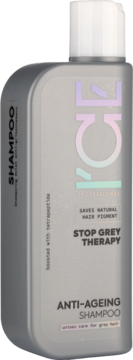 ICE PROFESSIONAL Anti-Ageing Shampoo, Stop Grey Therapy, grey bottle, white cap. Unisex formula with tetrapeptide, angled view.