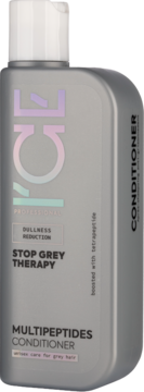 Szara butelka odżywki ICE Professional Stop Grey Therapy, redukująca matowość, widok z przodu.