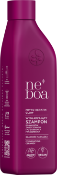 Purpurowy szampon neboa Phyto-Keratin Glow wygładzający włosy zniszczone. Widok z przodu butelki, wegański.