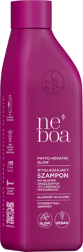 Neboa Phyto-Keratin Glow wygładzający szampon do włosów zniszczonych, magenta butelka, widok z przodu.