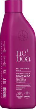 Néboa Phyto-Keratin Glow Wygładzająca odżywka do włosów zniszczonych w magenta butelce, widok z przodu.