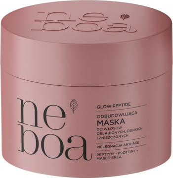 Różowa maska do włosów Ne Boa Glow Peptide w okrągłym słoju, widok z przodu. Zawiera peptydy i masło shea.