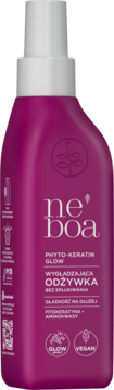 ne boa PHYTO-KERATIN GLOW Wygładzająca Odżywka Bez Spłukiwania, fioletowa butelka spray, wegańska, przód.