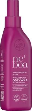 Różowa butelka Neboa Phyto-Keratin Glow spray odżywki wygładzającej bez spłukiwania, widok z przodu.