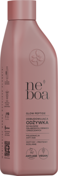 Ne'boa Glow Peptide odbudowująca odżywka do włosów z peptydami i proteinami roślinnymi, różowa butelka, widok z przodu.